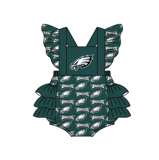 (Custom Design MOQ 5) Dark Green Football Team's Print Baby Girls Bubble Romper