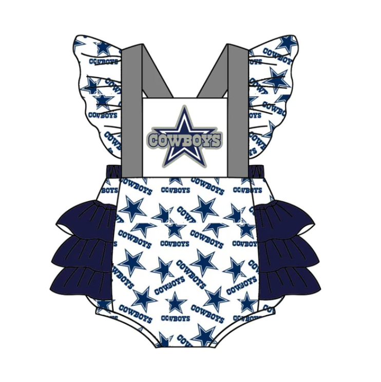 (Custom Design MOQ 5) Navy Football Team's Print Baby Girls Bubble Romper