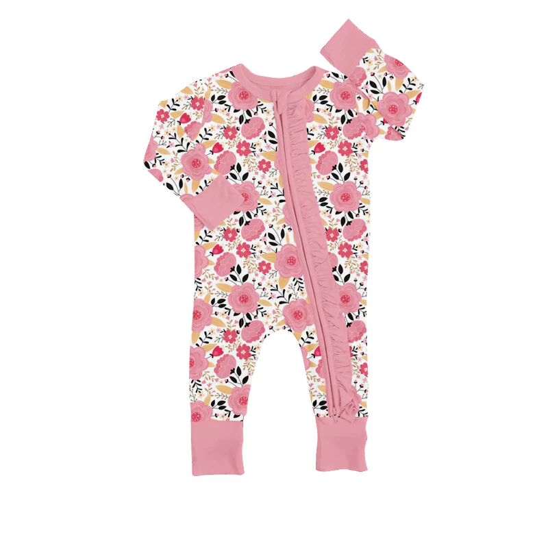 (Custom Design MOQ 5)Pink Flowers Baby Girls Zipper Romper