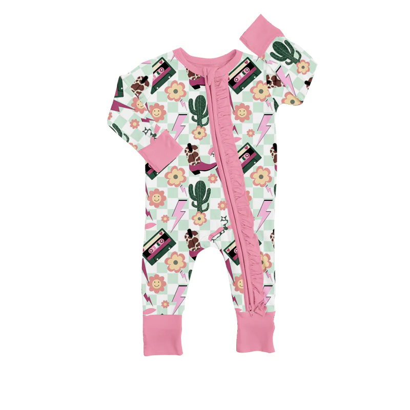 (Custom Design MOQ 5)Pink Flowers Boots Cactus Baby Girls Western Zipper Romper