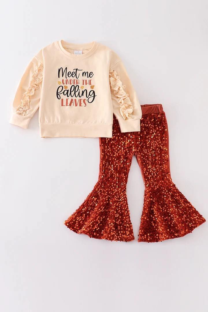 (Custom Design MOQ 5) Fall Leaves Top Dark Orange Sequin Bell Pants Girls Clothes Sets