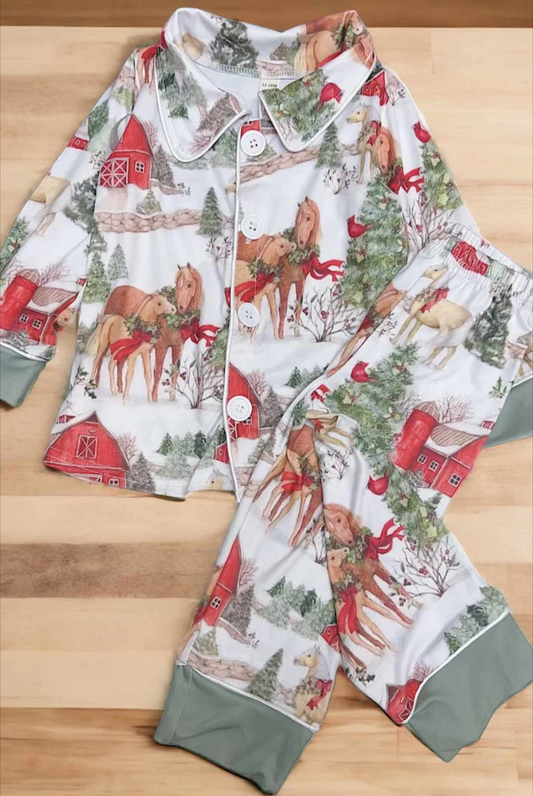 (Custom Design MOQ 5) Horse House Print Kids Christmas Button Pajamas Clothes Set