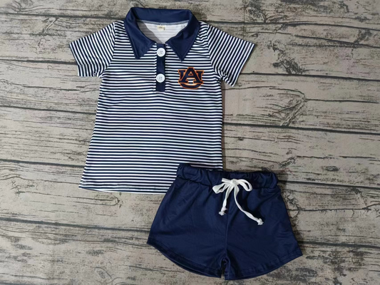 (Custom Design MOQ 5) Navy Football Team's Stripes Polo Tee Shirts Top Shorts Boys Clothes Set