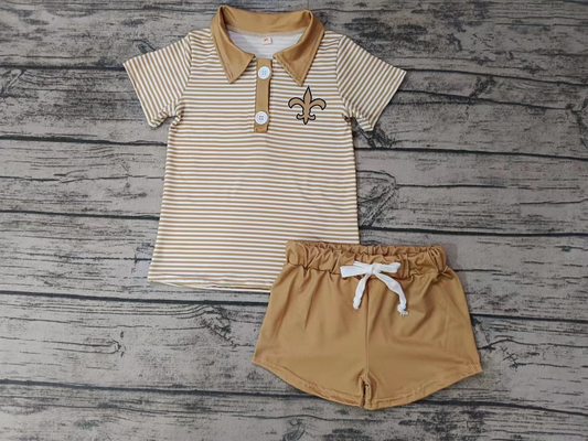 (Custom Design MOQ 5) Golden Spear Football Team's Stripes Polo Tee Shirts Top Shorts Boys Clothes Set