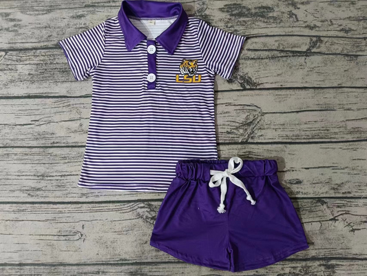 (Custom Design Preorder MOQ 5) LSU Football Team's Purple Stripes Polo Tee Shirts Top Shorts Boys Clothes Set