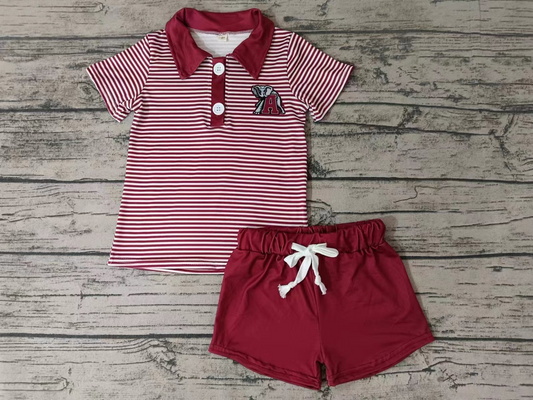 (Custom Design Preorder MOQ 5) Team's Elephant ALABAMA Polo Tee Shirts Top Wine Shorts Boys Summer Clothes Set