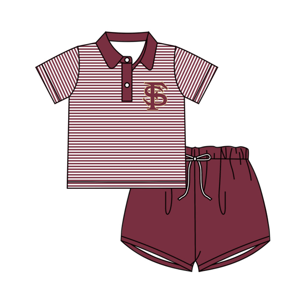 (Custom Design MOQ 5) SF Football Team's Wine Stripes Polo Tee Shirts Top Shorts Boys Clothes Set