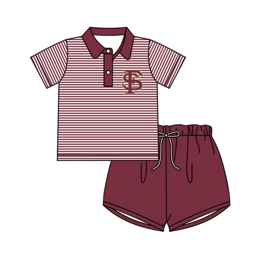 (Custom Design MOQ 5) SF Football Team's Wine Stripes Polo Tee Shirts Top Shorts Boys Clothes Set