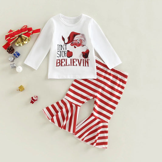 (Custom Design MOQ 5) Don't Stop Believin Santa Girls Christmas Clothes Set