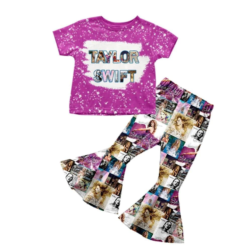 (Custom Design MOQ 5)Purple Singer Design Bell Pants Girls Clothes Set