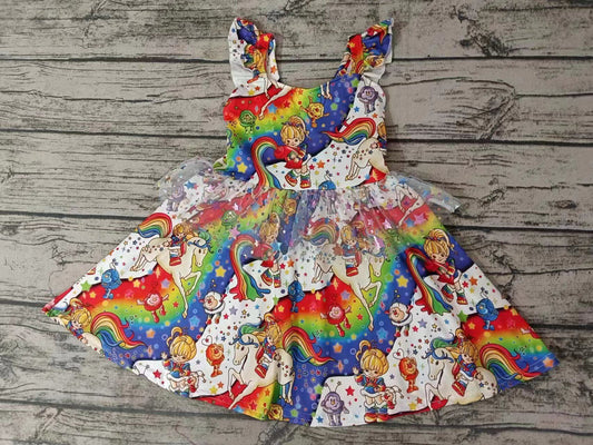 (Custom Design MOQ 5) Rainbow Unicorn Print Girls Knee Length Dress