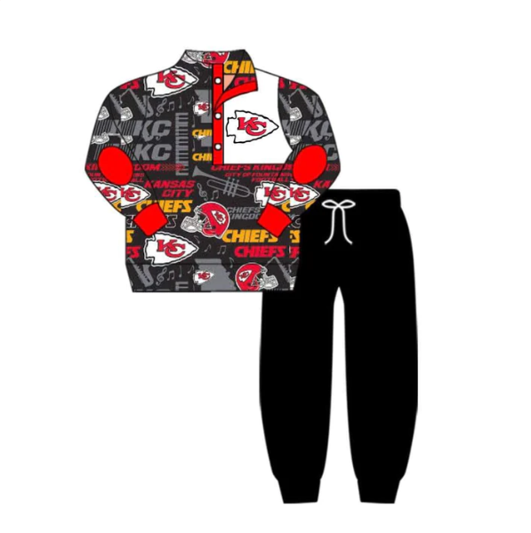 (Custom Design MOQ 5) Black KC Football Team's print button pullover shirts pants boys fall clothes set