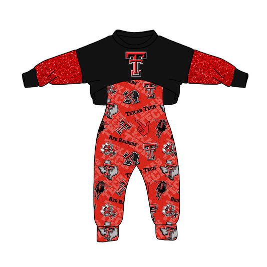 (Custom Design MOQ 5)Red Football Team's Girls Jumpsuits Clothes Set