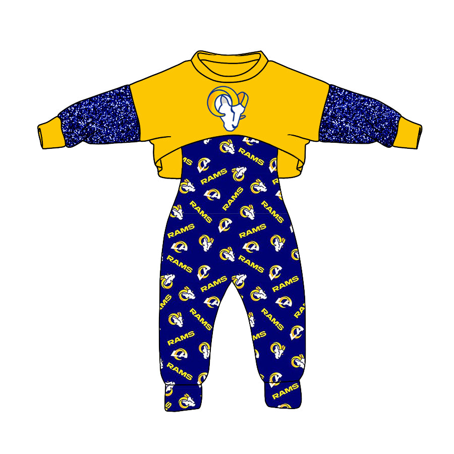 (Custom Design MOQ 5)Yellow Blue Football Team's Girls Jumpsuits Clothes Set