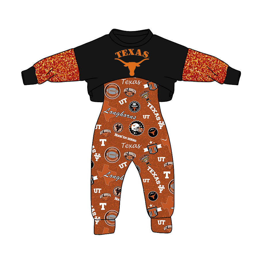 (Custom Design MOQ 5)Dark Orange Football Team's Girls Jumpsuits Clothes Set