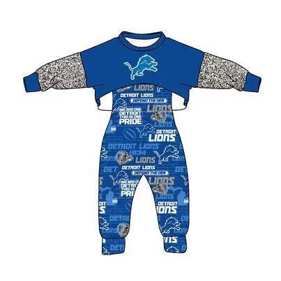 (Custom Design MOQ 5) Blue Football Team's Girls Jumpsuits Clothes Set