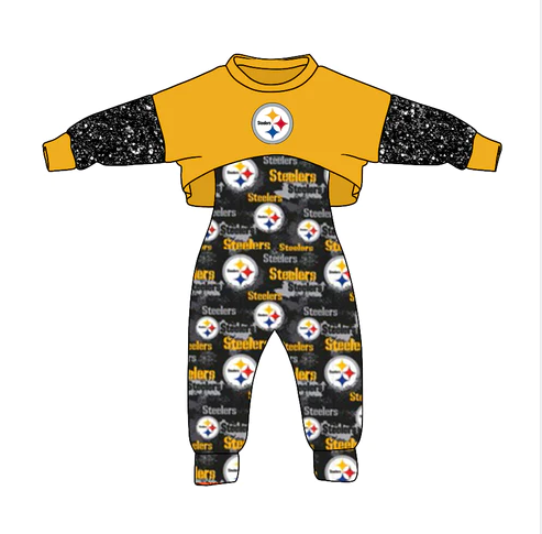 (Custom Design MOQ 5)Yellow Football Team's Girls Jumpsuits Clothes Set