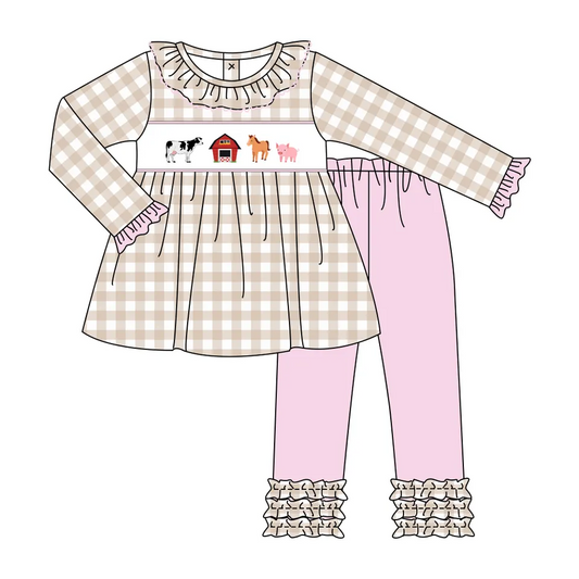 (Custom Design MOQ 5) Farm Animals Plaid Tunic Top Legging Pants Girls Clothes Set