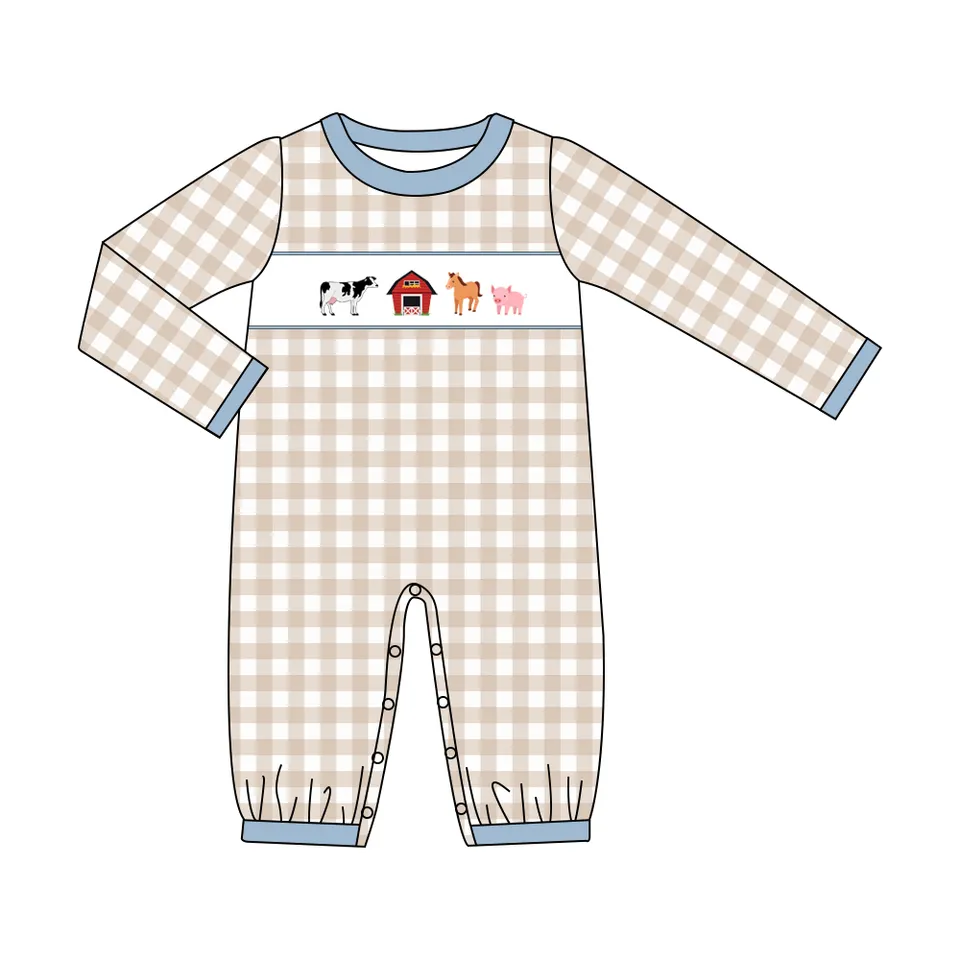 (Custom Design MOQ 5) Farm Animals Plaid Print Baby Boys Romper