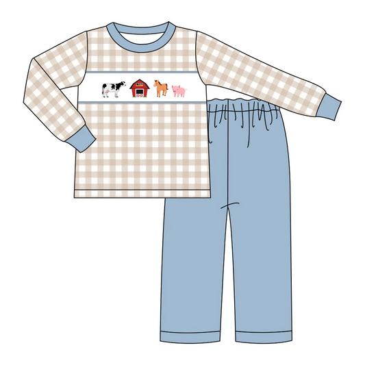 (Custom Design MOQ 5) Farm Animals Plaid Top Boys Clothes Set