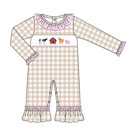 (Custom Design MOQ 5) Farm Animals Plaid Print Baby Girls Romper