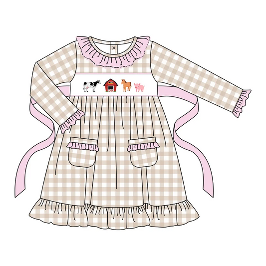 (Custom Design MOQ 5) Farm Animals Plaid Print Girls Knee Length Dress