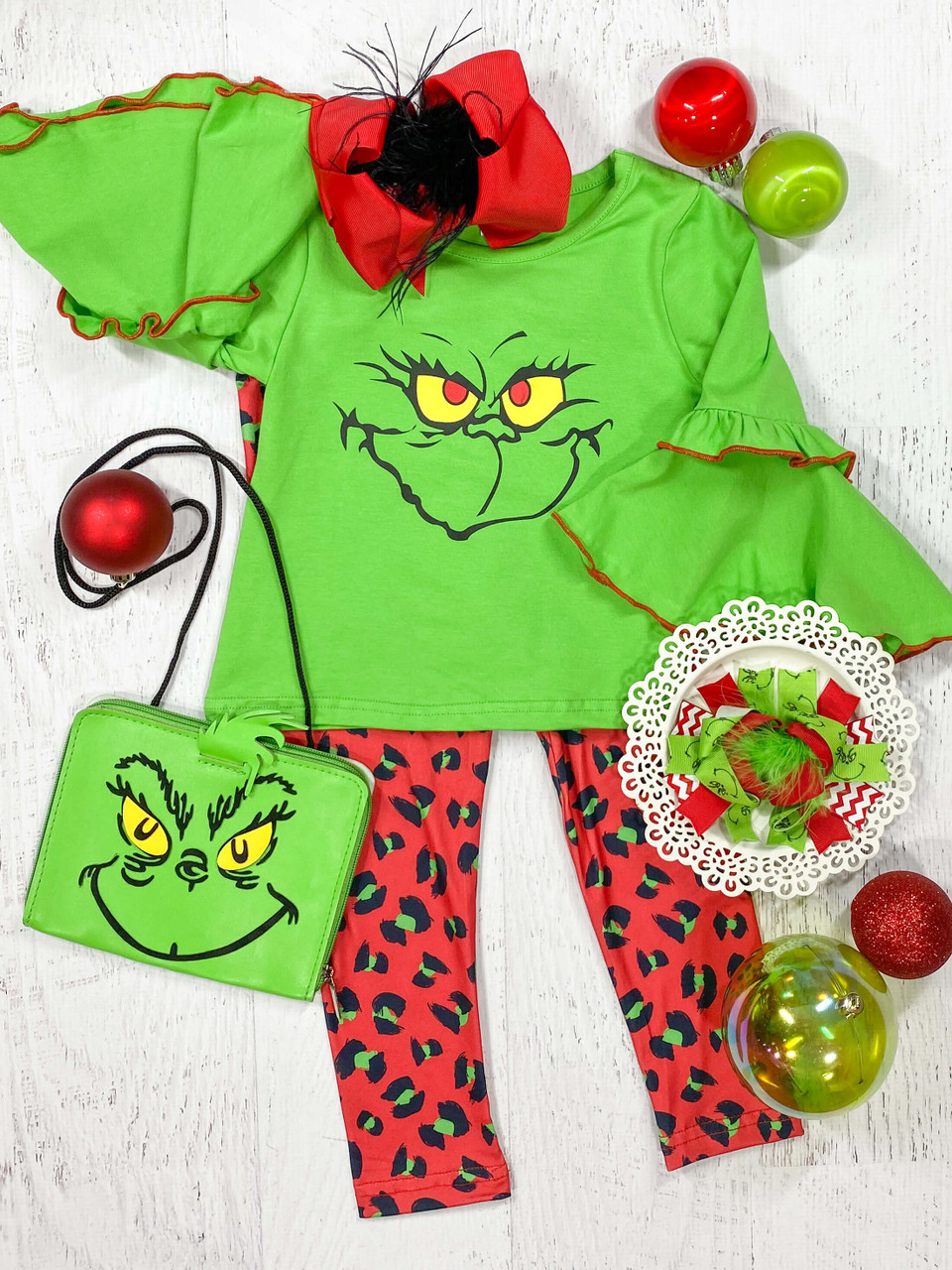 (Custom Design MOQ 5) Christmas Green Frog Top Leopard Legging Pants Girls Clothes Set