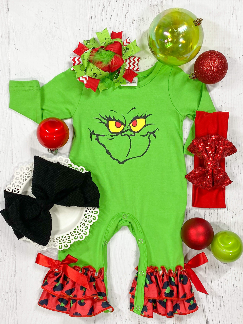 (Custom Design MOQ 5) Christmas Green Frog Baby Girls Romper