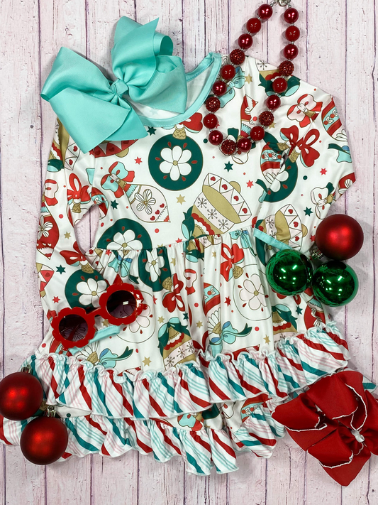 (Custom Design MOQ 5) Christmas Flowers Print Girls Knee Length Dress