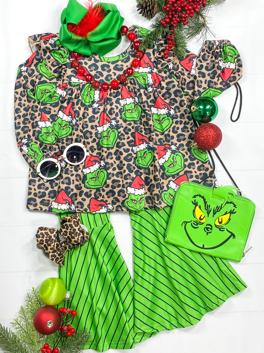 (Custom Design MOQ 5) Christmas Frog Leopard Top Green Bell Pants Girls Clothes Set