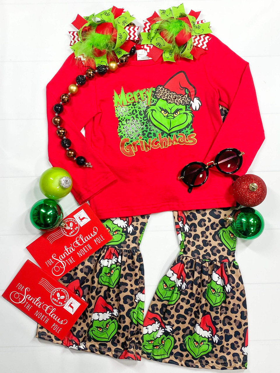 (Custom Design MOQ 5) Merry Christmas Red Green Frog Top Leopard Bell Pants Girls Clothes Set