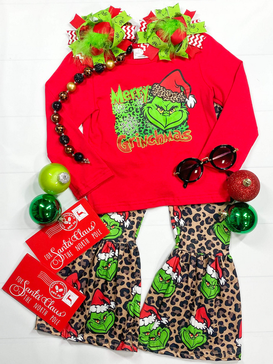 (Custom Design MOQ 5) Merry Christmas Red Green Frog Top Leopard Bell Pants Girls Clothes Set