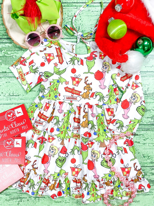 (Custom Design MOQ 5) Christmas Frog Print Girls Knee Length Dress