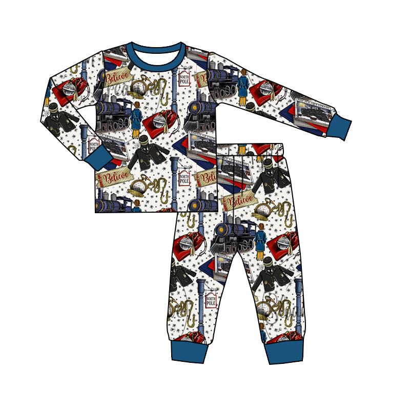 (Custom Design MOQ 5) Polar Train Print Boys Christmas Pajamas Clothes Set