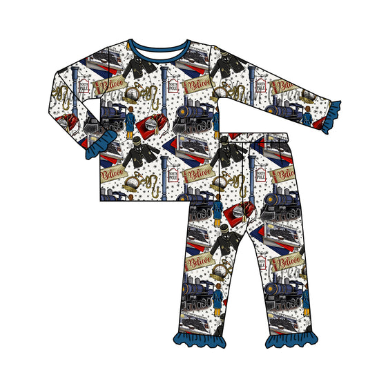 (Custom Design MOQ 5) Polar Train Print Girls Christmas Pajamas Clothes Set