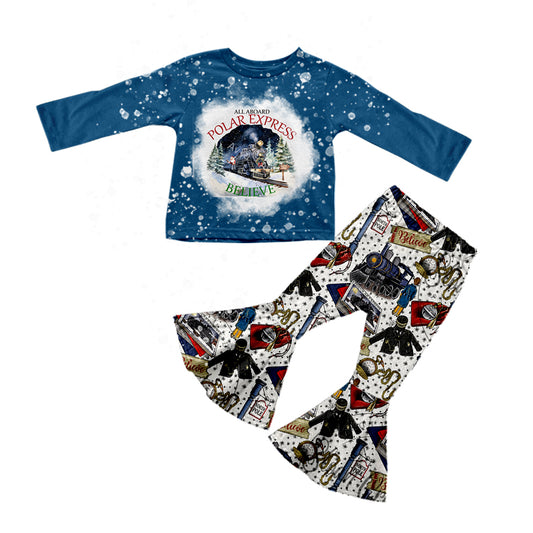 (Custom Design MOQ 5) Polar Train Print Girls Christmas Clothes Set