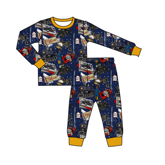 (Custom Design MOQ 5) Polar Train Print Boys Christmas Pajamas Clothes Set