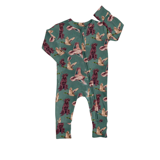 (Custom Design MOQ 5) Dark Green Duck Dog Baby Zipper Hunting Romper