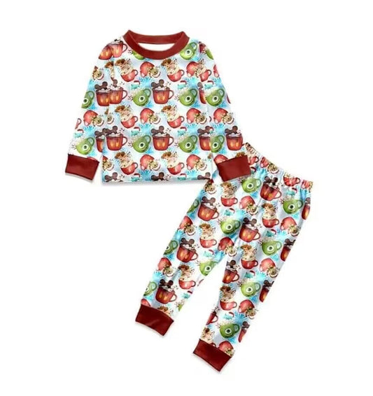 (Custom Design MOQ 5)Cartoon Character Print Kids Pajamas Clothes Set