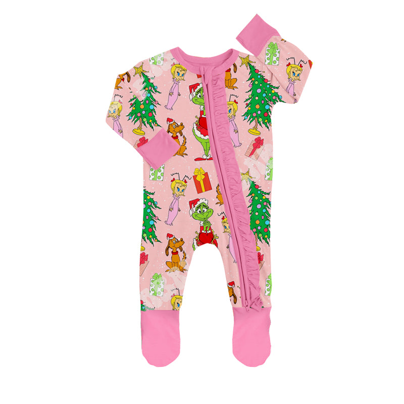 (Custom Design MOQ 5) Pink Christmas Green Frog Baby Girls Zipper Romper