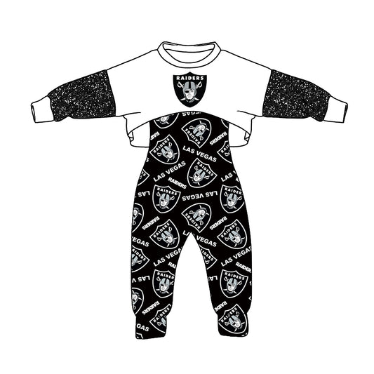 (Custom Design MOQ 5)Black Football Team's Girls Jumpsuits Clothes Set