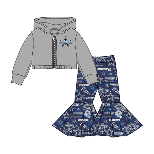 (Custom Design MOQ 5)Grey Navy Football Team's Print Bell Pants Hoodie Jacket Top Girls Clothes Set