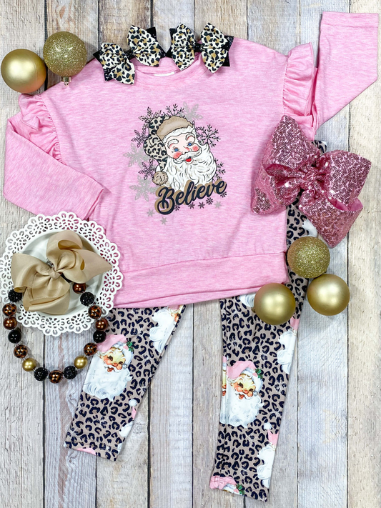 (Custom Design MOQ 5) Pink Santa Leopard Legging Pants Girls Christmas Clothes Set