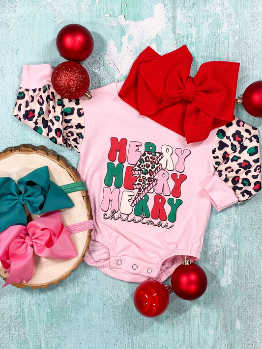 (Custom Design MOQ 5) Pink Merry Christmas Leopard Baby Girls Romper