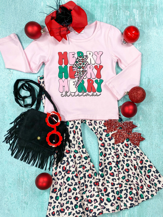 (Custom Design MOQ 5) Pink Merry Christmas Leopard Pants Girls Clothes Set