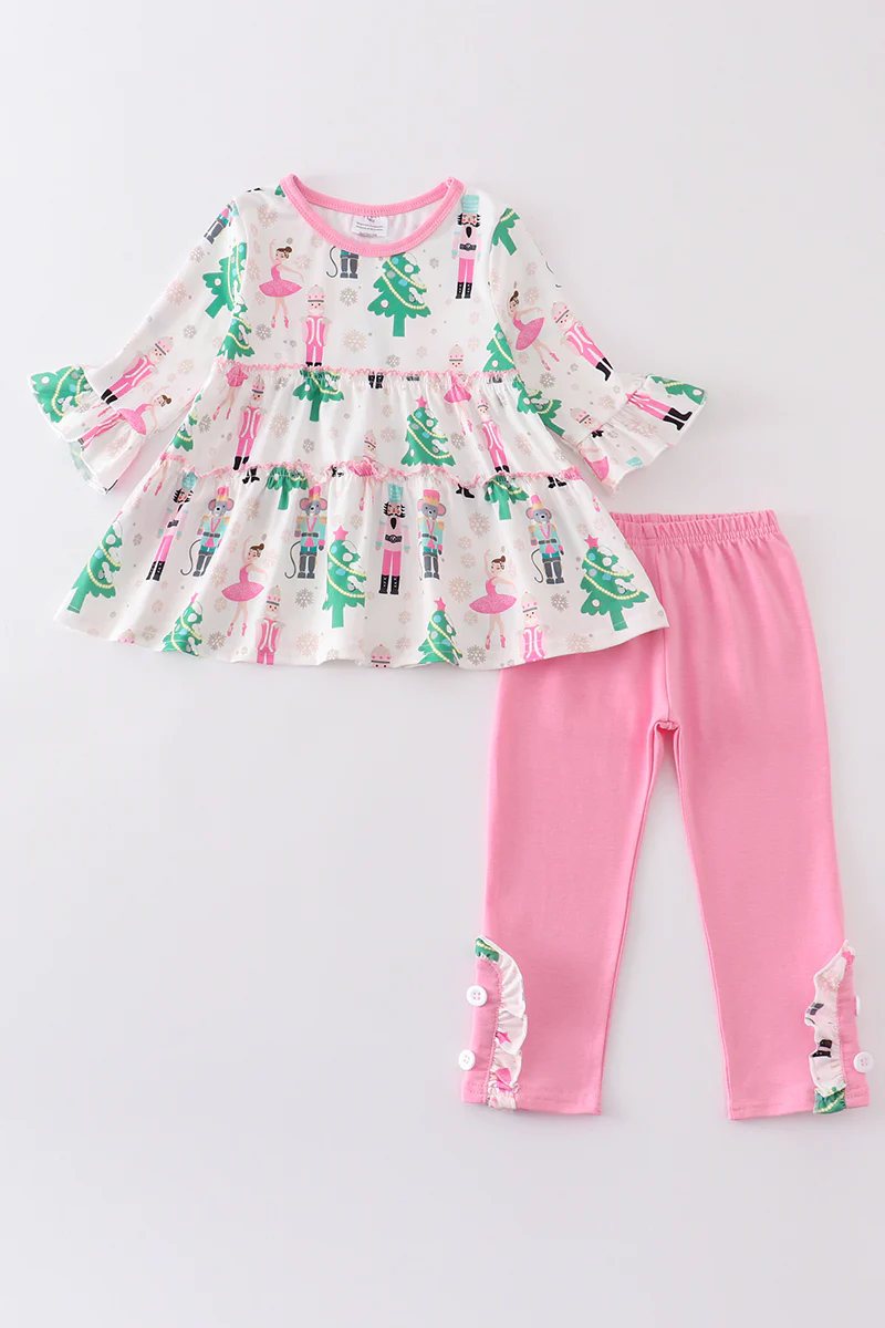 (Custom Design MOQ 5) Christmas Soldier Tunic Top Pink Pants Girls Clothes Set