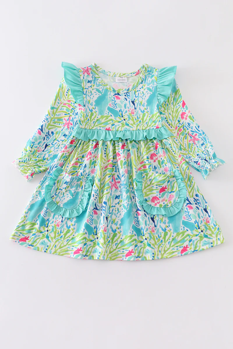 (Custom Design MOQ 5) Light Green Flowers Girls Knee Length Dress