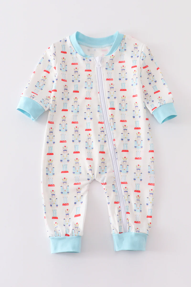 (Custom Design MOQ 5) Blue Christmas Soldier Baby Boys Sleeper Romper