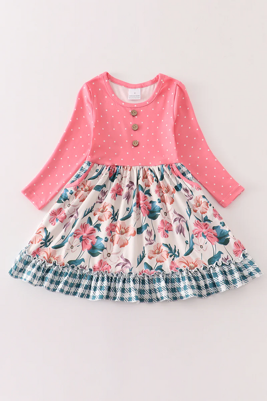 (Custom Design MOQ 5) Flowers Print Girls Knee Length Dress