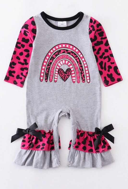 (Custom Design Preorder MOQ 5) Rainbow Heart Leopard Print Baby Girls Valentine's Romper